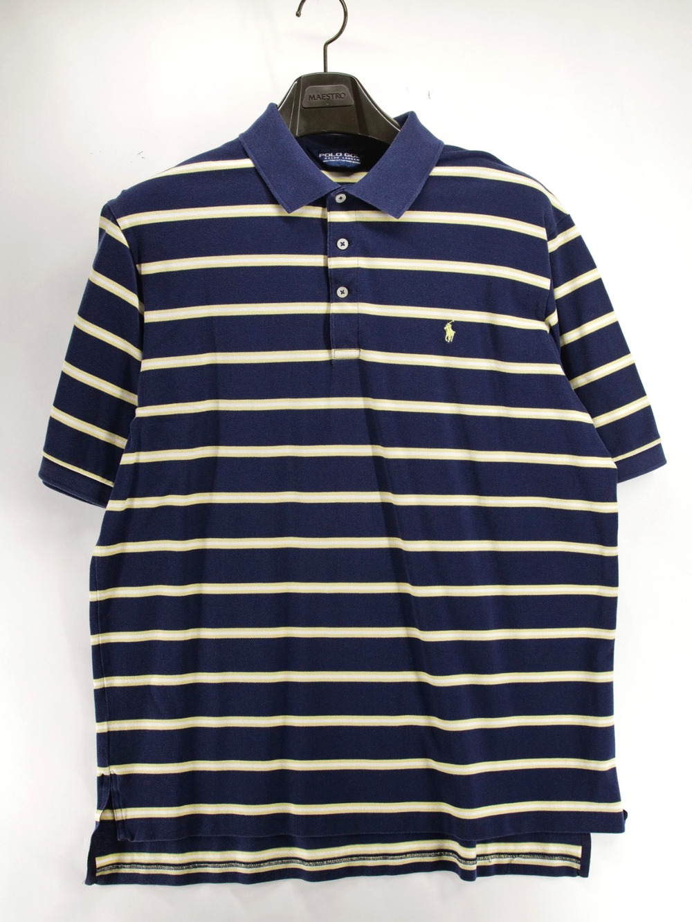 Polo Golf Ralph Lauren Mens Large Navy Yellow Striped Short Sleeve Pima Cotton